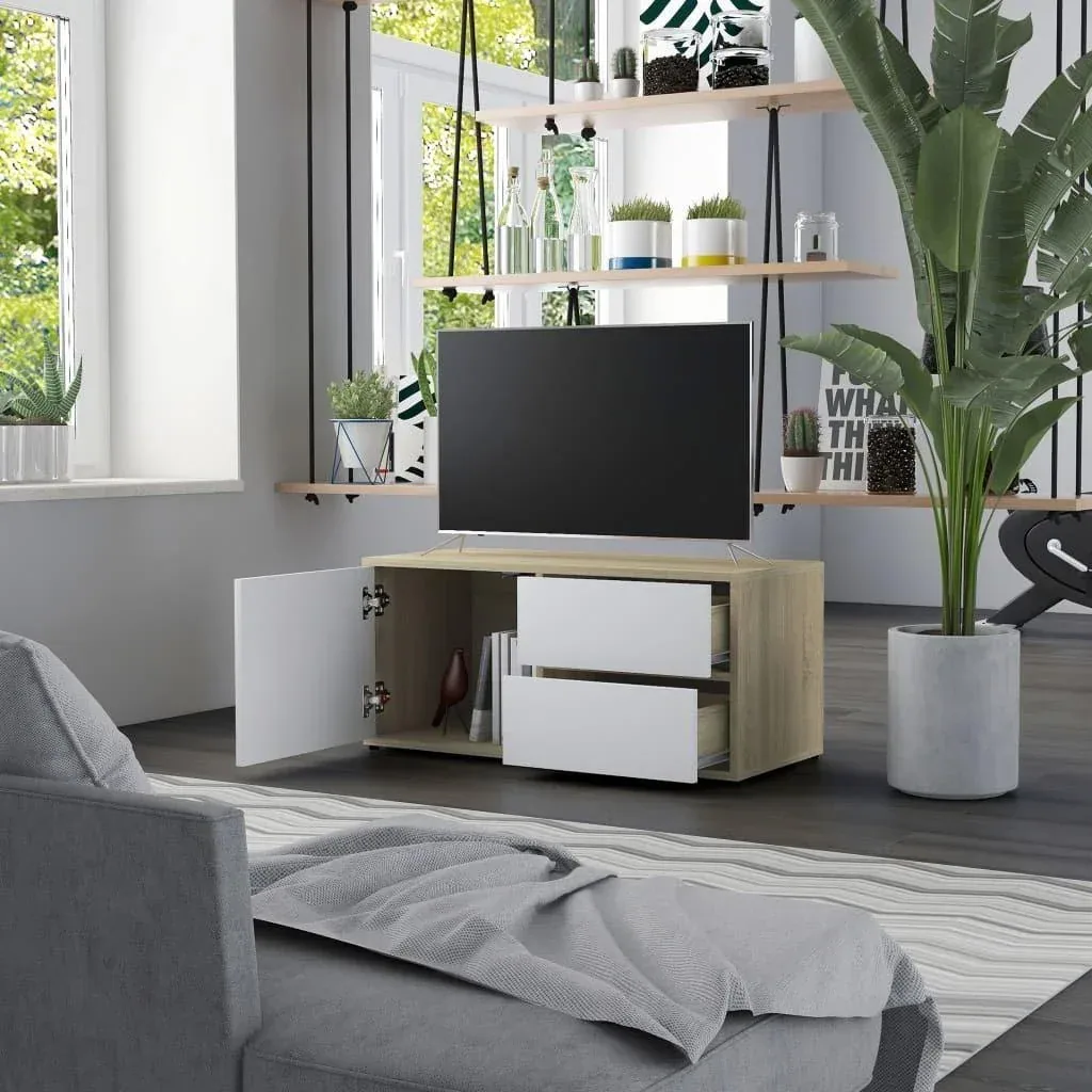 TV-Möbel 80x34x36 cm Spanplatte weiß und Sonoma-Eiche