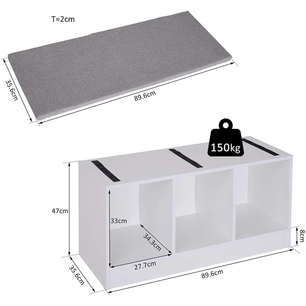 Schuhbank mit Sitzkissen Schuhschrank Schuhregal Lowboard Garderobe Flur Diele Holz Weiß 89,6 x 35,6 x 47 cm