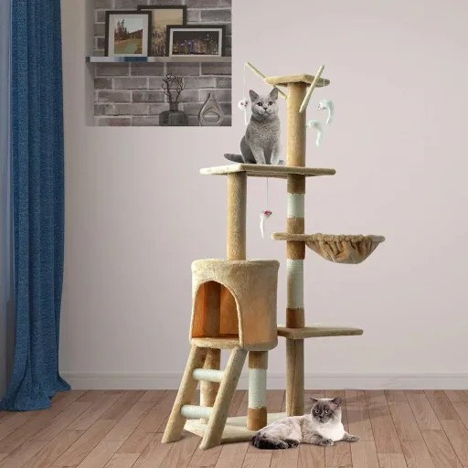 Katzenkratzbaum mit 4 Spielmäusen beige/weiß