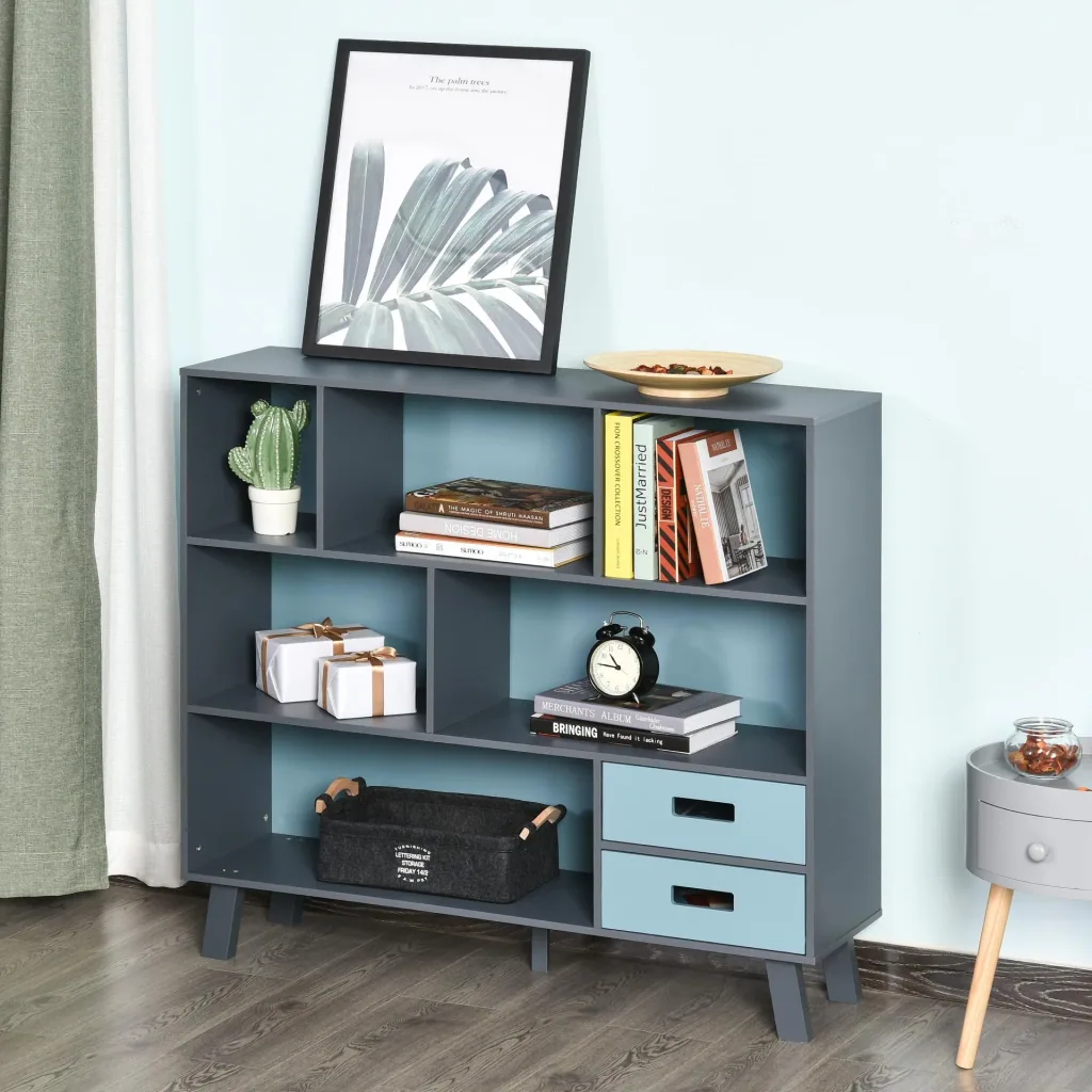 Bücherschrank mit 2 Schubladen, blau