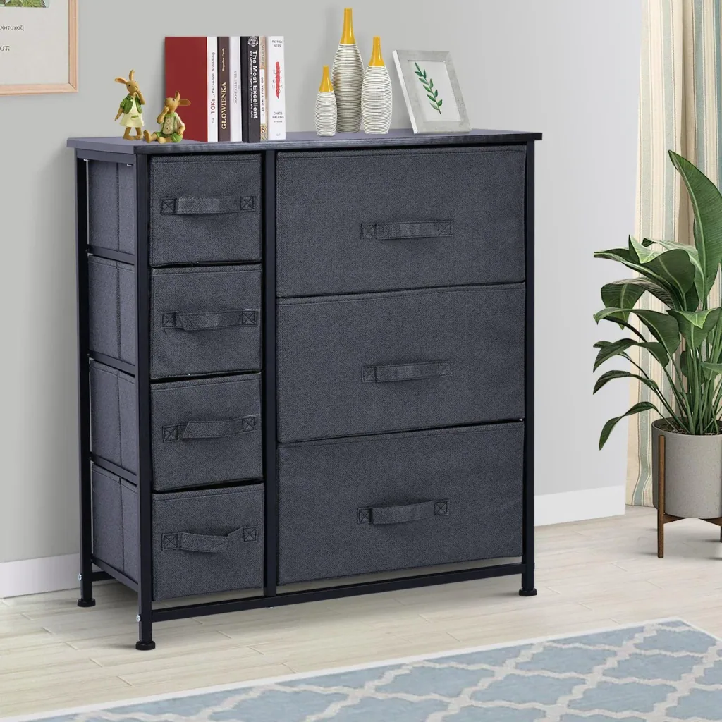 Schubladenschrank Aufbewahrungsschrank mit faltbaren 7 Stoffschubladen Metallgestell + Holz + Leinen Grau 63,5 x 30 x 71