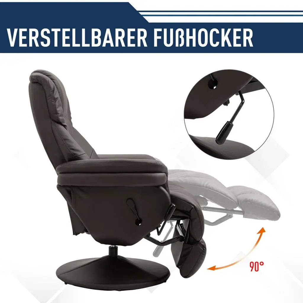 Relaxsessel, Fernsehsessel, Einzelsofa 135 °Neigung, Stahl+PU+Schaumstoff+Kunststoff, Braun, 79 x 81 x 107 cm