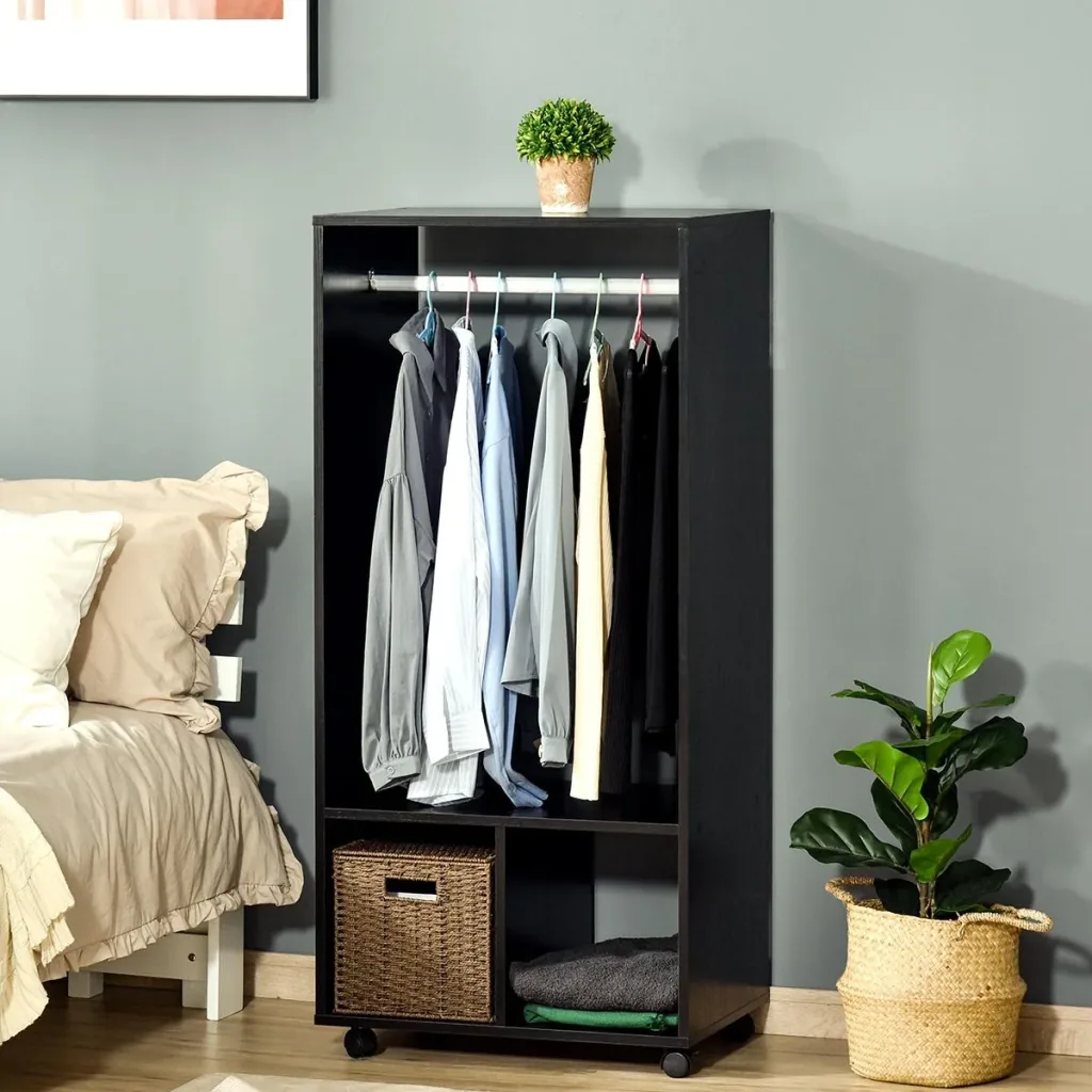 Mobiler Kleiderschrank Garderobe Schrank mit Regal 4 Schwenkräder für Wohnzimmer Schlafzimmer, Aluminiumlegierungen, 60