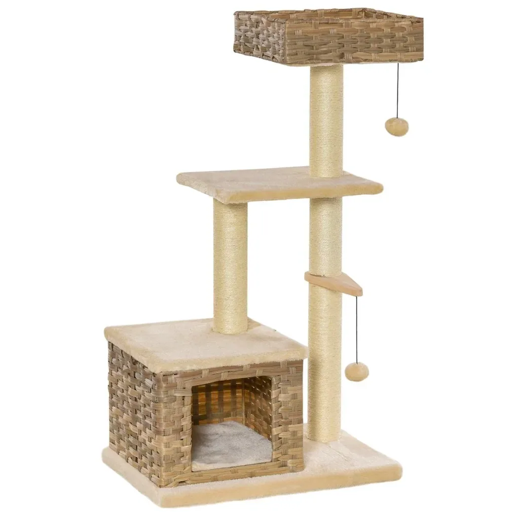 Rattan Katzenbaum Kratzbaum Kätzchen Möbel mit Katzenhöhle Ballspielzeug Sisal weiche Plüsch PE Höhe 108 cm Braun+Beige