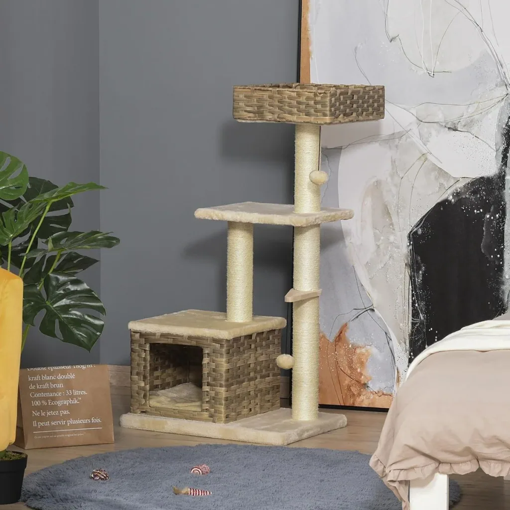 Rattan Katzenbaum Kratzbaum Kätzchen Möbel mit Katzenhöhle Ballspielzeug Sisal weiche Plüsch PE Höhe 108 cm Braun+Beige