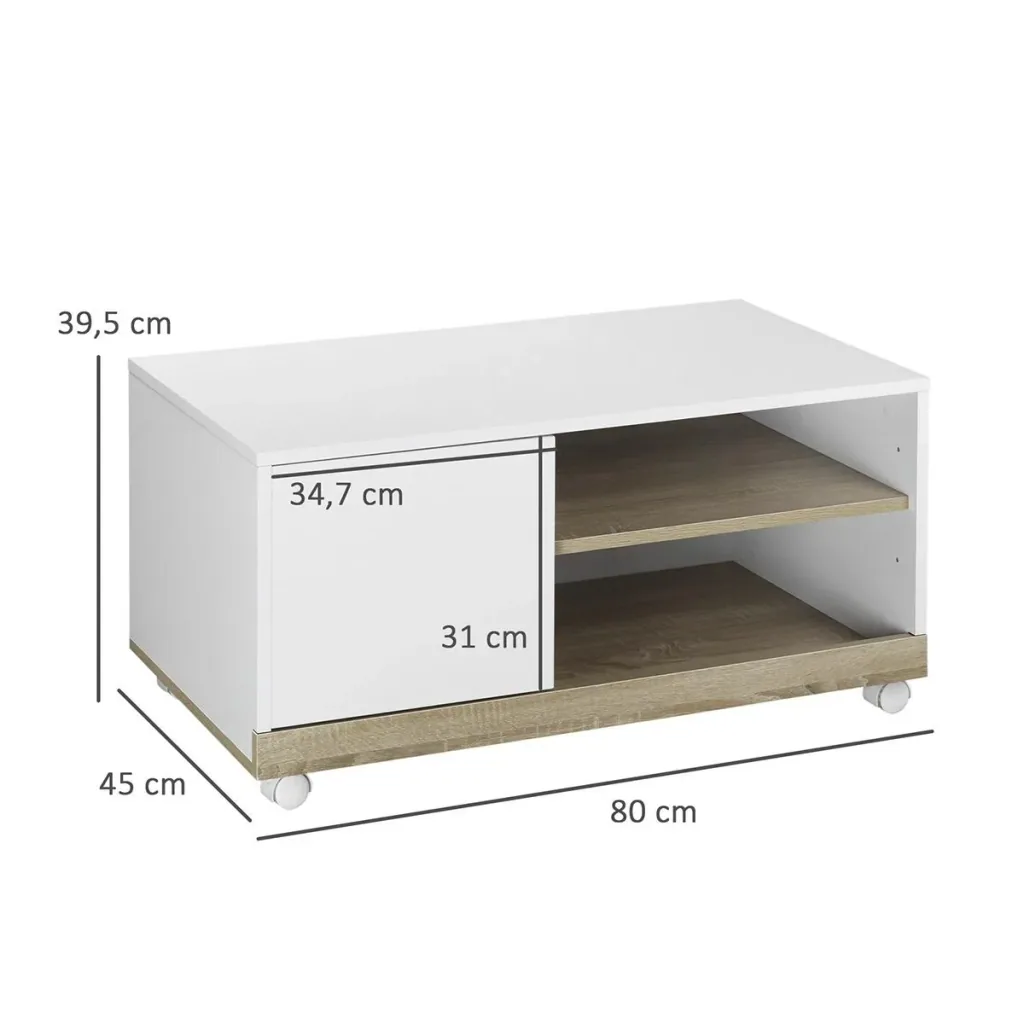 TV Schrank TV-Ständer mit 2 Rollen Spanplatte, Weiß, 80 x 45 x 39,5 cm