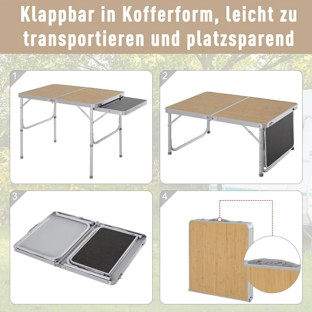 Campingtisch mit seitlicher Tischplatte hellbraun/schwarz