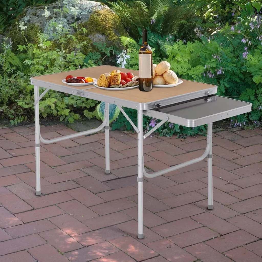 Campingtisch mit seitlicher Tischplatte hellbraun/schwarz