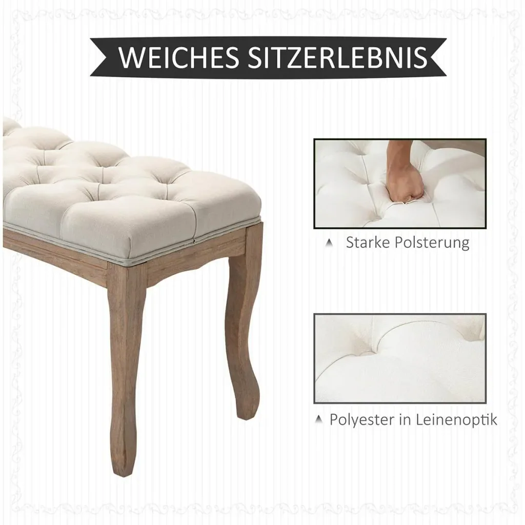 Polsterbank Sitzbank Truhenbank Schuhbank Vintage Bettbank Schlafzimmer Wohnzimmer Flur Gummiholz Leinen Beige 110 x 38