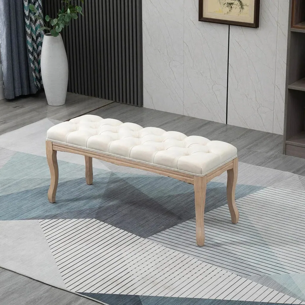 Polsterbank Sitzbank Truhenbank Schuhbank Vintage Bettbank Schlafzimmer Wohnzimmer Flur Gummiholz Leinen Beige 110 x 38