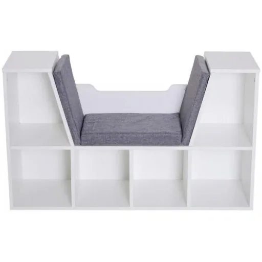 Bücherschrank Bücherregal mit Sitzkissen Standregal Regal mit Sitzbank Holz Leinen Weiß 102 x 30 x 61