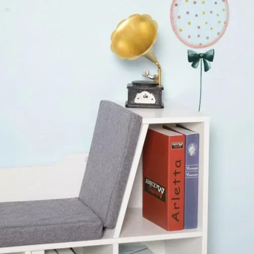Bücherschrank Bücherregal mit Sitzkissen Standregal Regal mit Sitzbank Holz Leinen Weiß 102 x 30 x 61