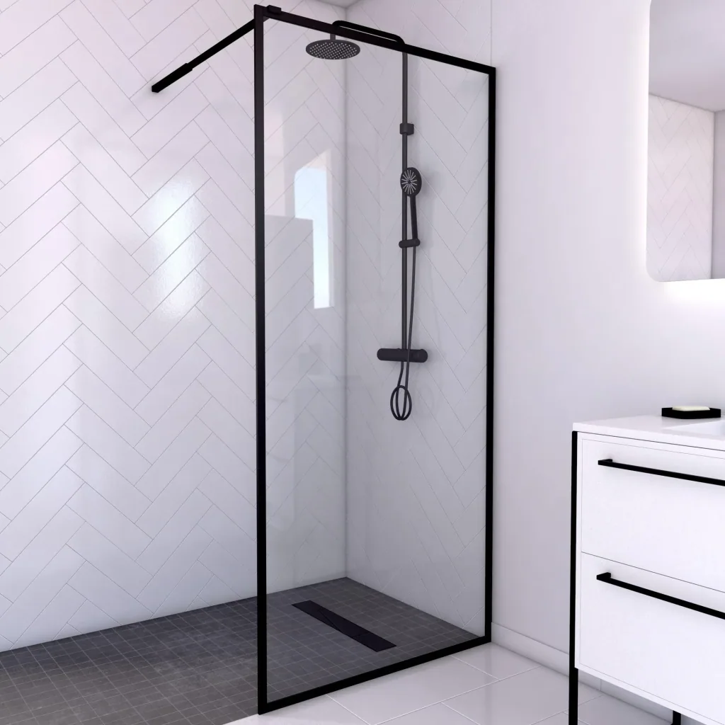 Walk-IN Glas-Duschwand 90 x 200 cm, Duschabtrennung mit barrierefreiem Einstieg inklusive Halterungsstange, matt schwarz
