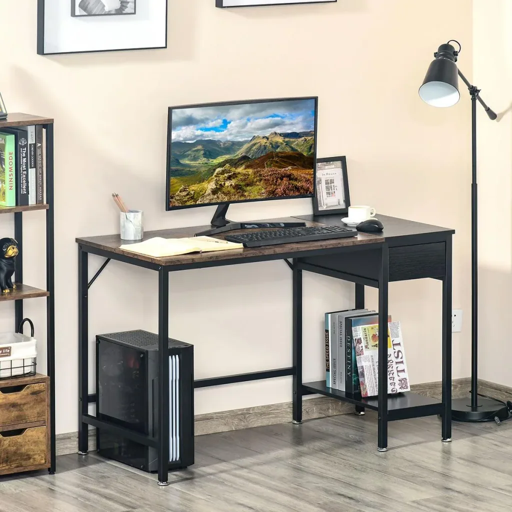 Schreibtisch mit Regal Computertisch Höhenverstellbar Bürotisch Spanplatte Metall Rustikales Braun+Schwarz 120 x 60 x 75