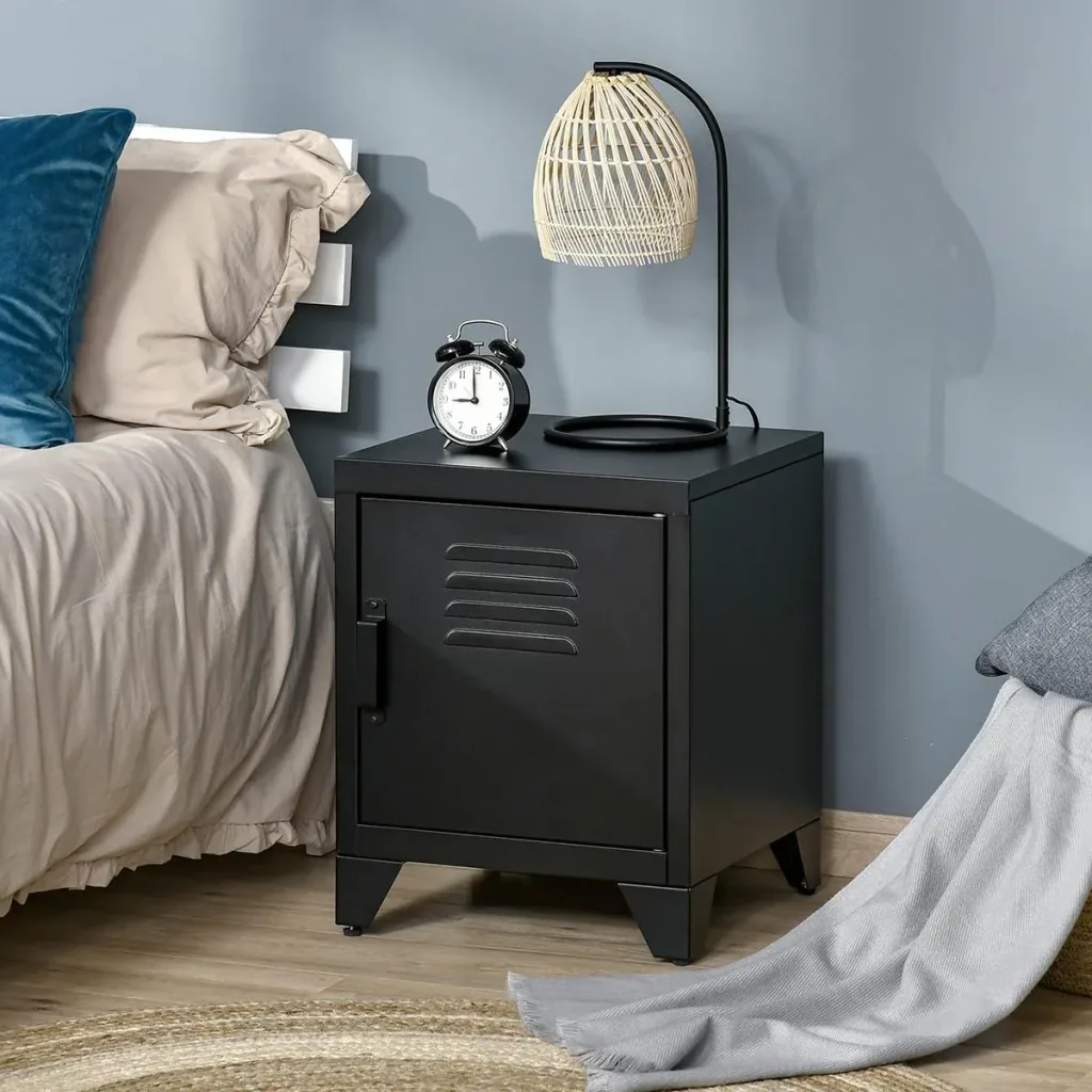 Nachttisch Nachtschrank Schlafzimmer Beistelltisch mit verstellbarem Regal Tür Nachtkommode Industriedesign Metall Schwa