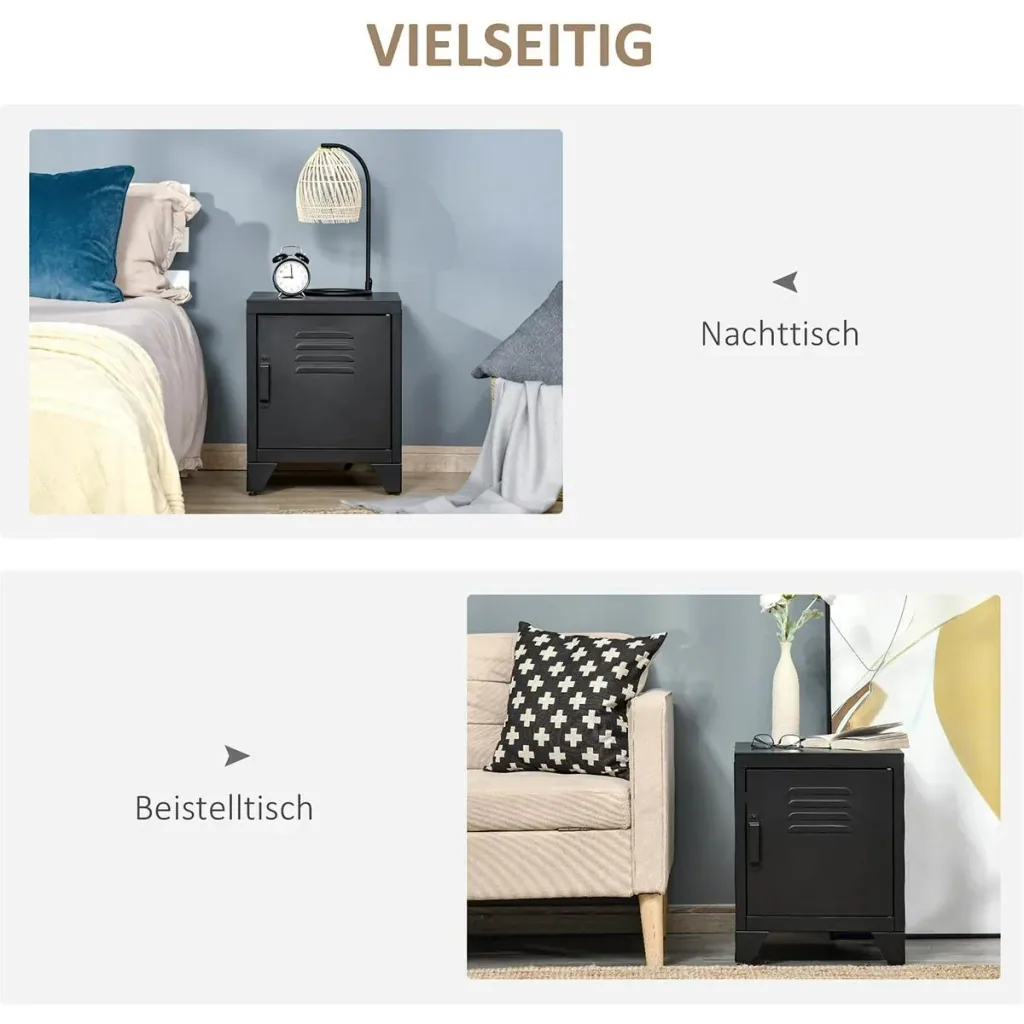 Nachttisch Nachtschrank Schlafzimmer Beistelltisch mit verstellbarem Regal Tür Nachtkommode Industriedesign Metall Schwa