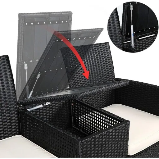 Gartenbank Polyrattan Love Bench mit Box, 143x64x87cm, 3 Stück, schwarz