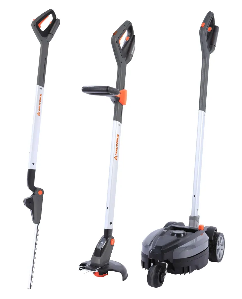 Akku-Rasenmäher, Akku-Grastrimmer und Akku-Heckenschere im Set