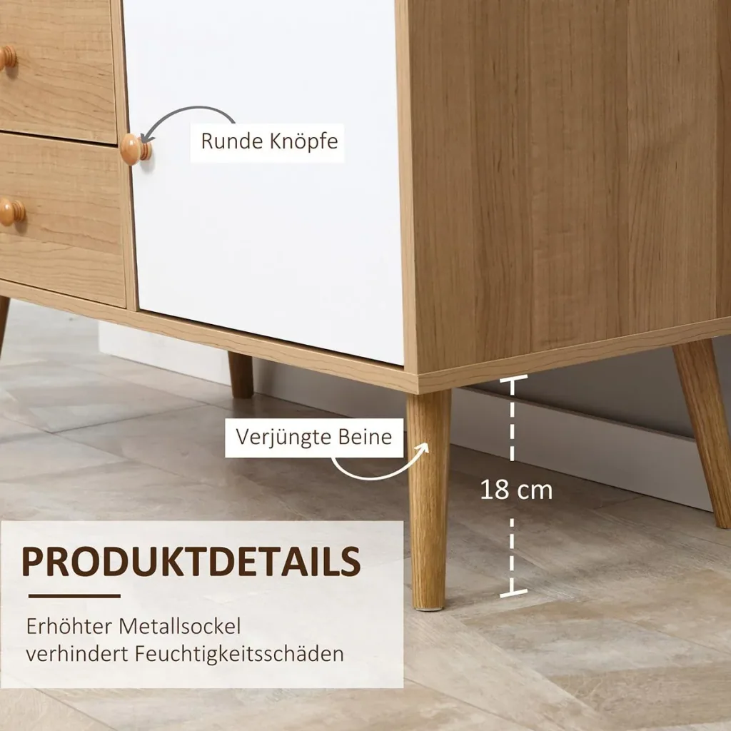 Sideboard Küchenschrank Kommode mit 1 offenen Fächern 4 Schubladen Skandi-Design Natur+Weiß 80 x 39 x 80 cm
