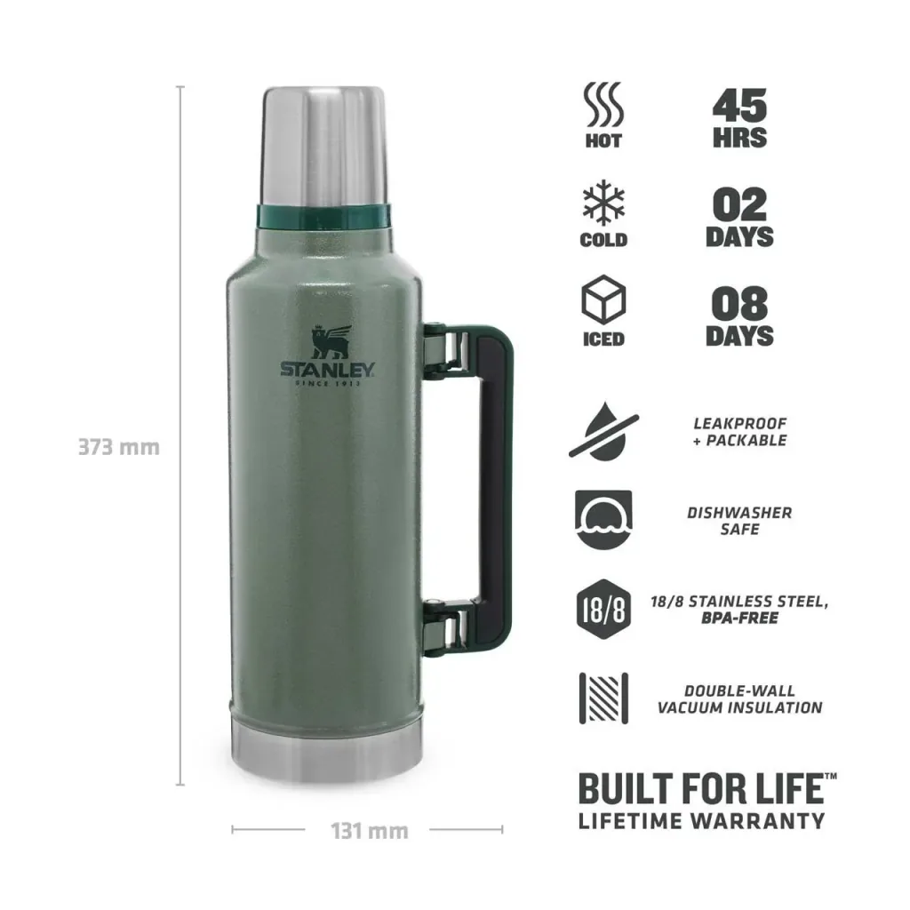 Classic Vakuum-Flasche 1,9 l, Hammertone grün, doppelwandige Vakuumisolierung, Griff, Trinkbecher