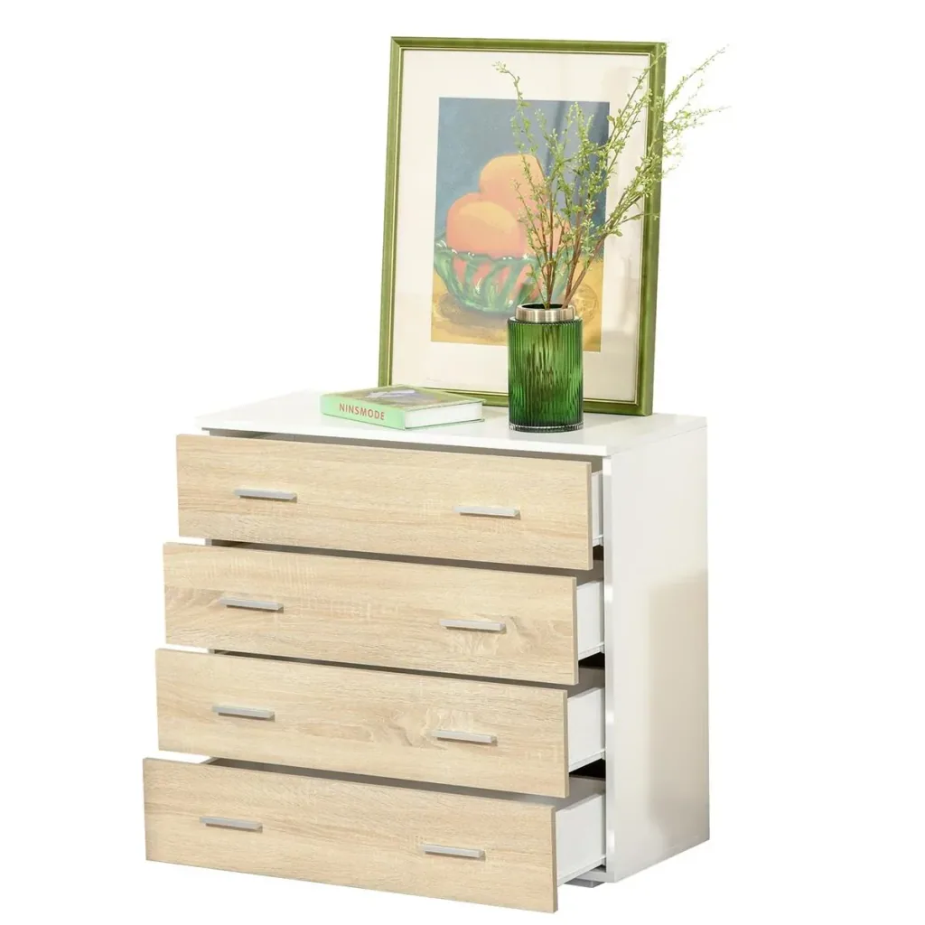 Kommode mit 4 Schubladen Badezimmerschrank Schubladenschrank für Schlafzimmer Wohnzimmer Eiche Weiß 76x35x72 cm