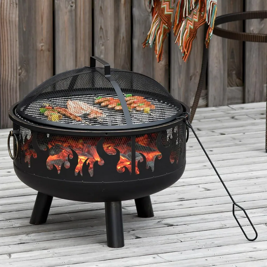 2-in-1 Feuerschale Feuerkorb Feuerstelle mit Funkenschutz Grillrost Garten BBQ Schwarz Ø61,5 x 52H cm