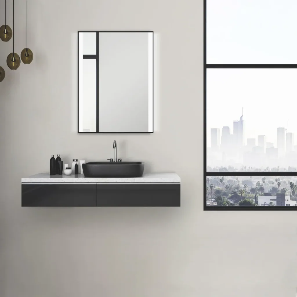 Badezimmerspiegel mit Beleuchtung, "Black Shine" - 80 x 60 cm - horizontale und vertikale Aufhängung