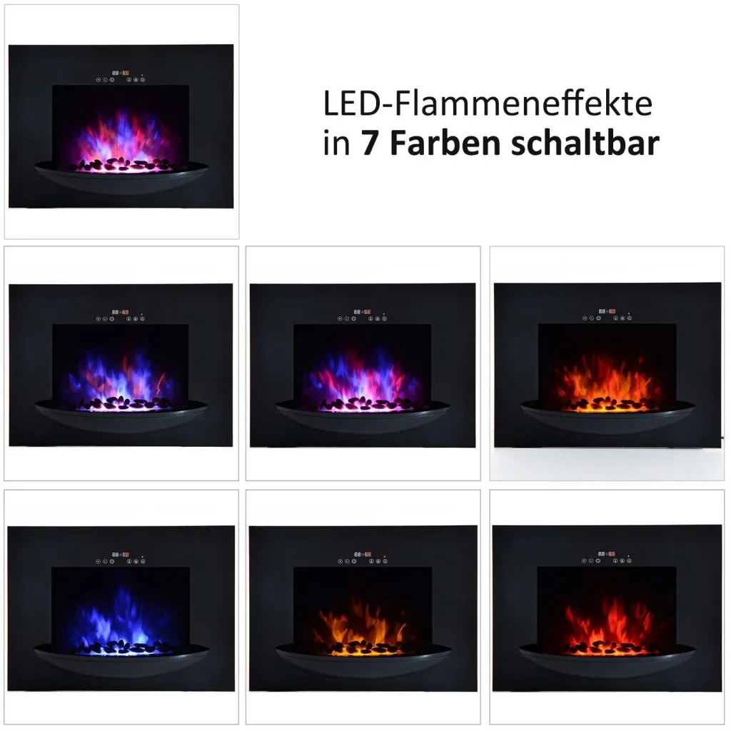 Elektrokamin Wandkamin 1800 Watt 7 Farben LED Flammenillusion Schwarz