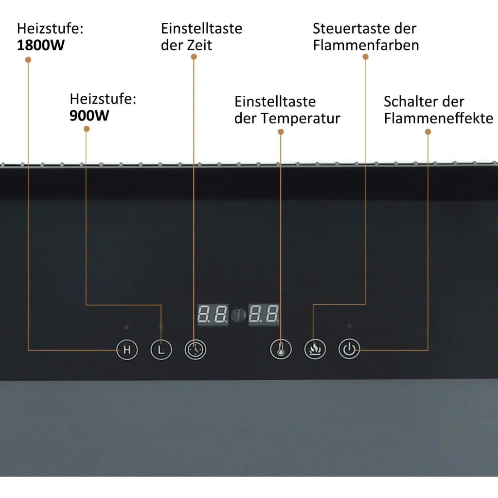 Elektrokamin Wandkamin 1800 Watt 7 Farben LED Flammenillusion Schwarz