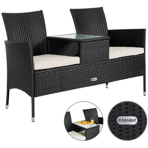 Gartenbank / Love Bench mit Box / Tisch mit Sitzkissen 143x64x87cm - Schwarz