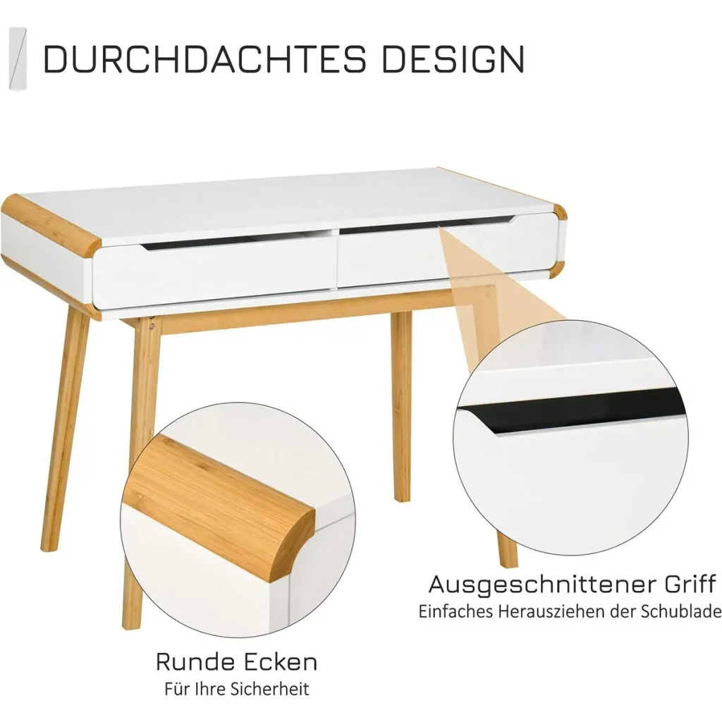 Schreibtisch mit Schubladen Weiß+Natur