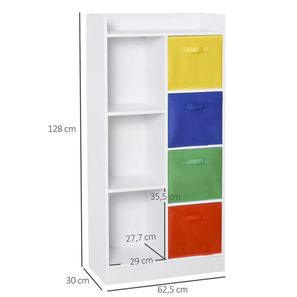 Bücherregal mit 3 Stoffboxen, Mehrzweckschrank, Spanplatte, Vliesstoff, 62,5 x 30 x 128 cm