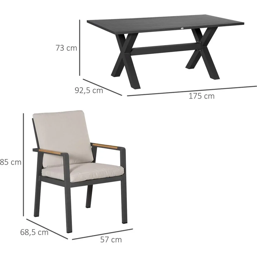 Garten-Set mit 6 Stühlen und 1 Tisch, Aluminium+Kunststoff, grau