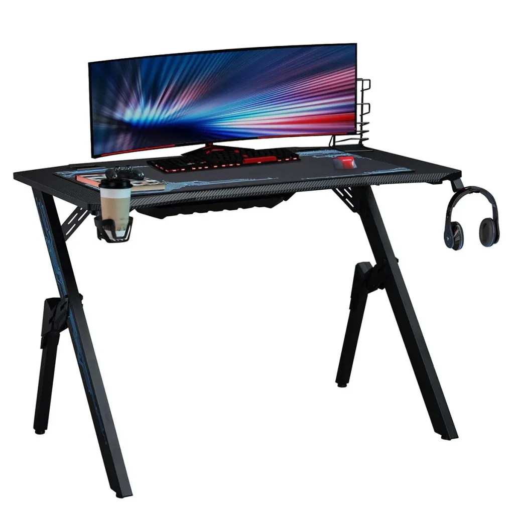 Gaming Tisch Schreibtisch mit Kopfhörerhaken Getränkehalterung R-förmiger Computertisch MDF Metall Schwarz+Blau 110 x 59