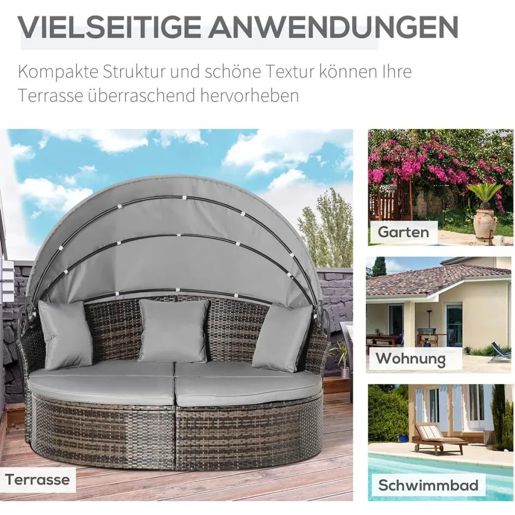 Polyrattan Sonneninsel mit faltbarem Sonnendach Lounge Sonnenliege Gartenliege Garnitur Gartenset Grau 171 x 180 x 155 c