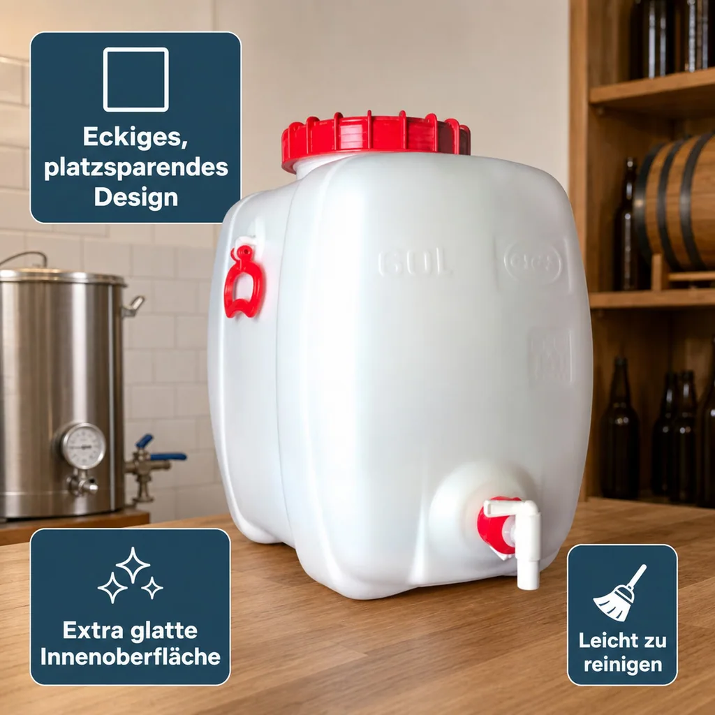 Gärbehälter, Getränkefass, Mostfass - Kunststoff, eckig + Deckel + Zapfh. 60L