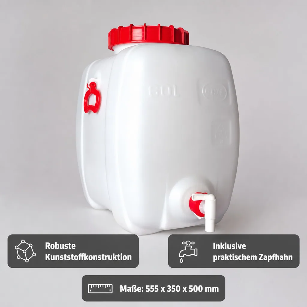 Gärbehälter, Getränkefass, Mostfass - Kunststoff, eckig + Deckel + Zapfh. 60L