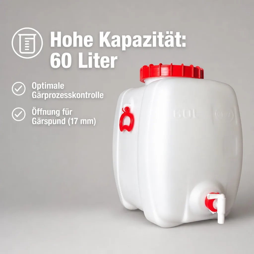 Gärbehälter, Getränkefass, Mostfass - Kunststoff, eckig + Deckel + Zapfh. 60L