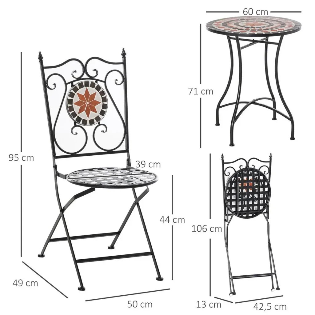 Garten Sitzgruppe 3-teilige Mosaiktisch Essgruppe Gartenmöbel-Set 1 Tisch+2 faltbare Stühle Terrasse Metall Mehrfarbing