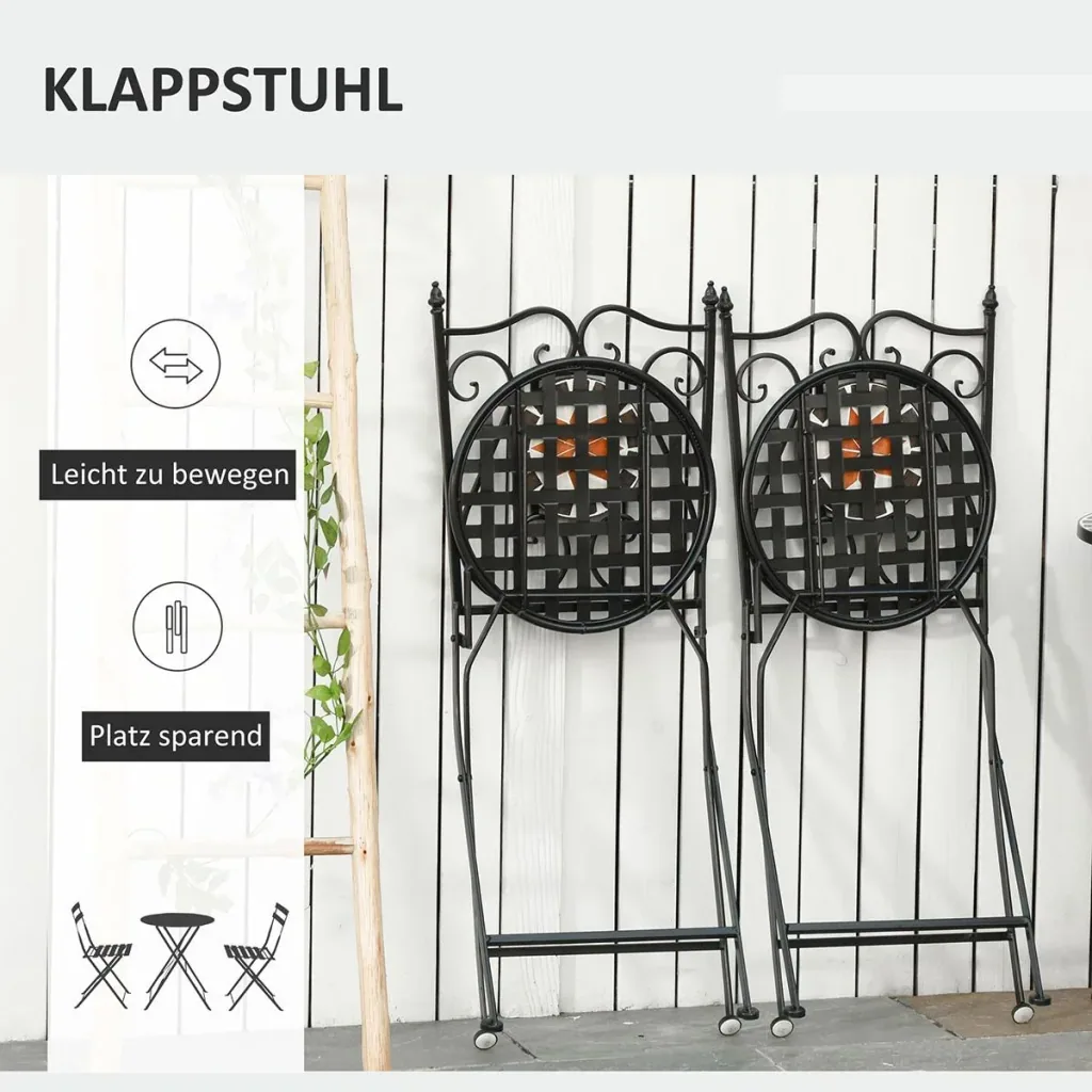 Garten Sitzgruppe 3-teilige Mosaiktisch Essgruppe Gartenmöbel-Set 1 Tisch+2 faltbare Stühle Terrasse Metall Mehrfarbing