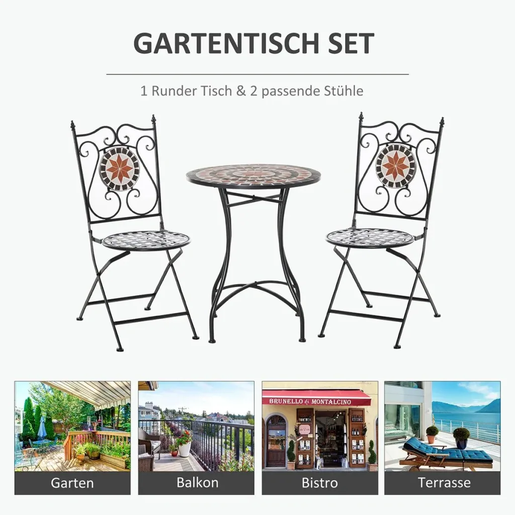 Garten Sitzgruppe 3-teilige Mosaiktisch Essgruppe Gartenmöbel-Set 1 Tisch+2 faltbare Stühle Terrasse Metall Mehrfarbing