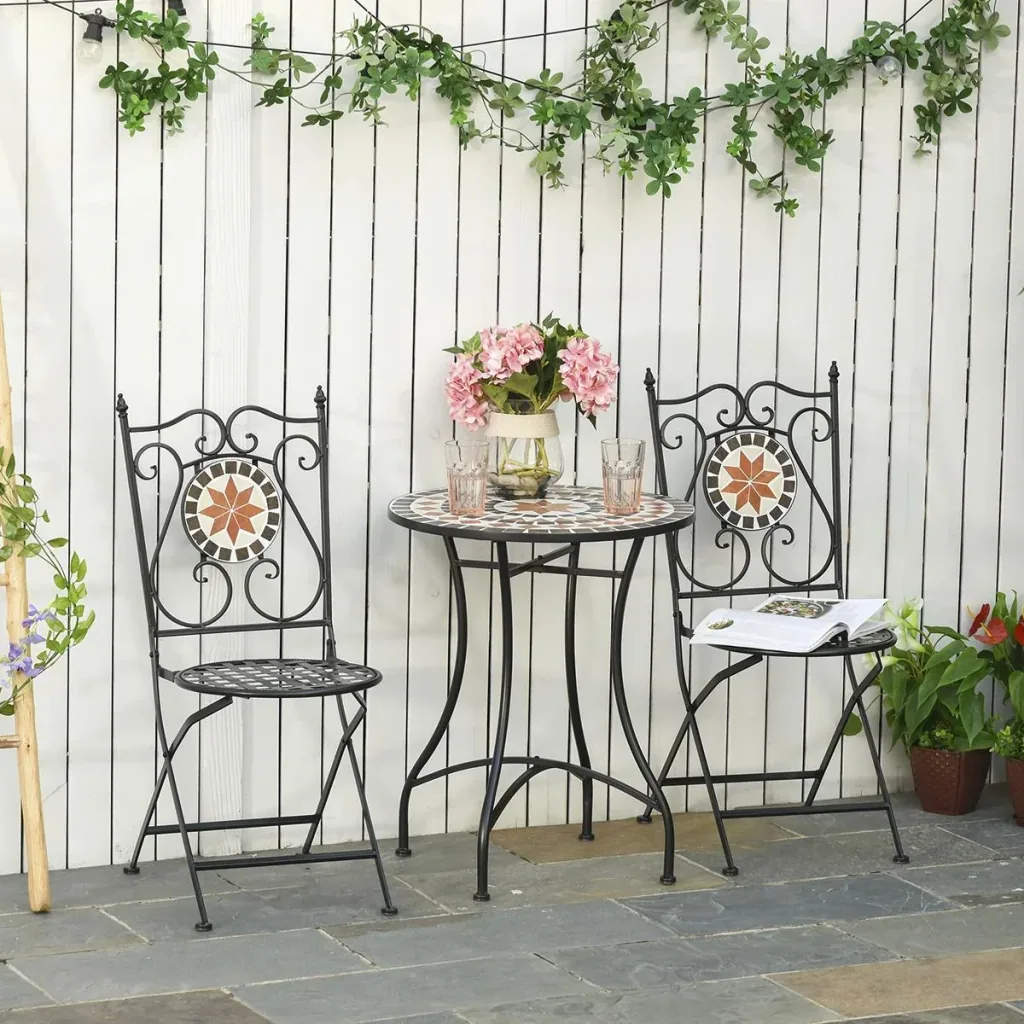 Garten Sitzgruppe 3-teilige Mosaiktisch Essgruppe Gartenmöbel-Set 1 Tisch+2 faltbare Stühle Terrasse Metall Mehrfarbing