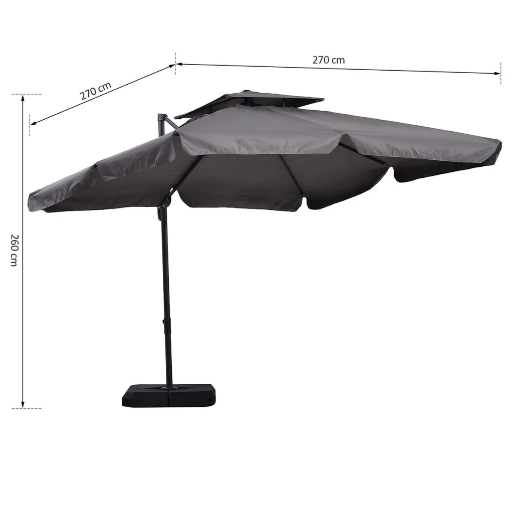 Sonnenschirm UV50+ Ampelschirm Roma Schirm mit Ständer und 4 Gewichten inkl. Schutzhaube Alu Grau 270 x 270 x 260 cm