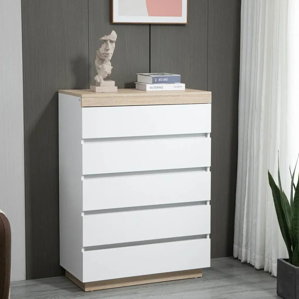 Kommode mit 5 Schubladen - Weiß/Eiche - 80 x 40 x 109 cm