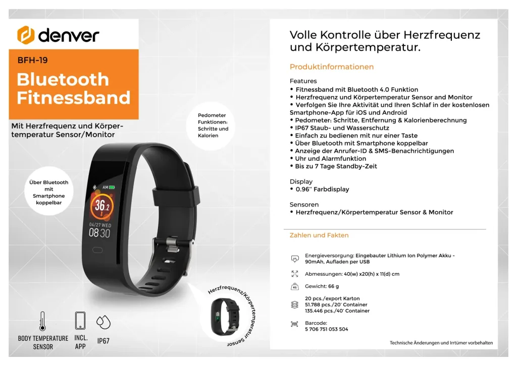 Fitnessarmband mit Herzsensor und Körpertemperatursensor