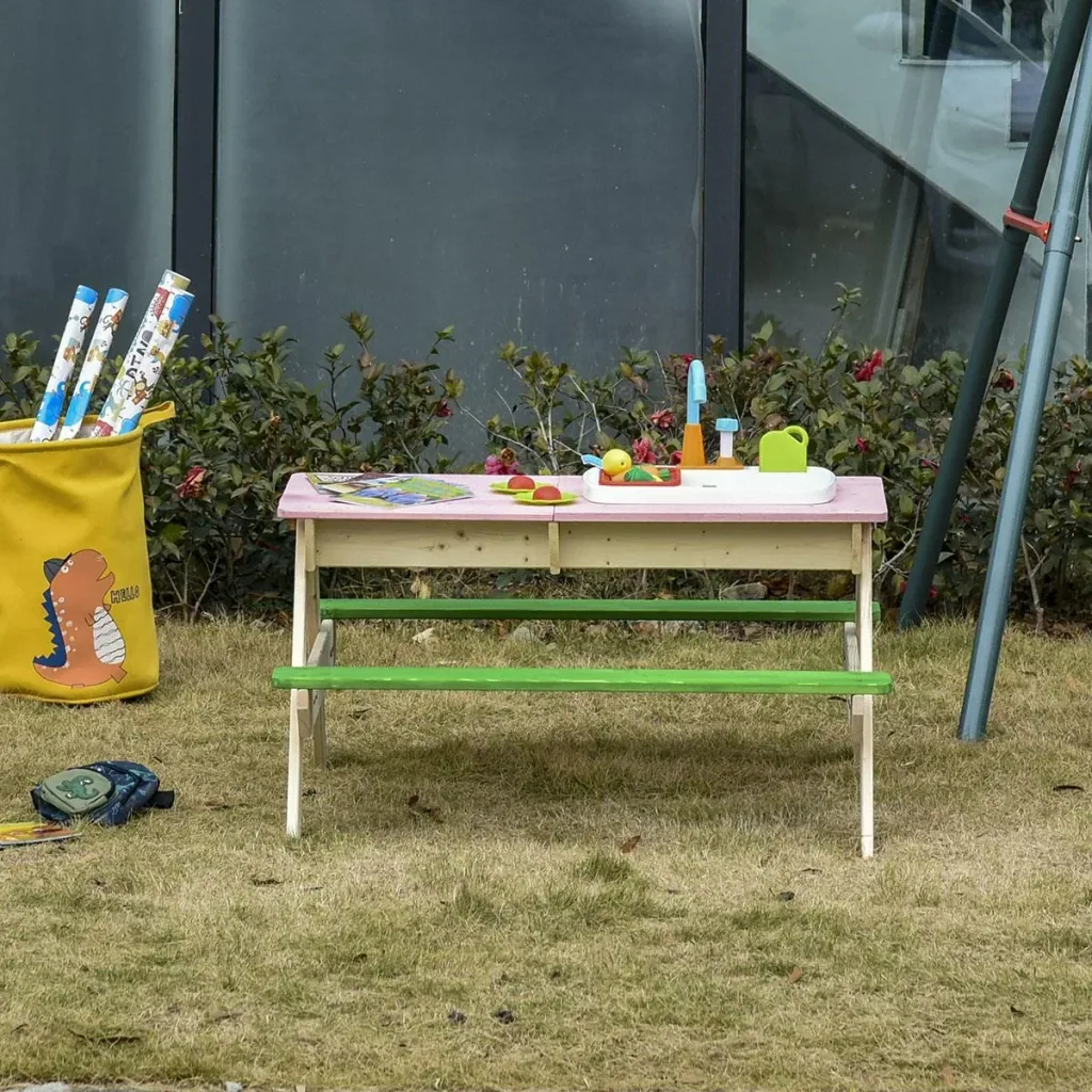 2-in-1 Kinder Campingtisch mit 2 Sitzbänke Matschküche Spieltisch mit Wasserhahn Holz Spieltisch für Kinder 3-7 Jahren F