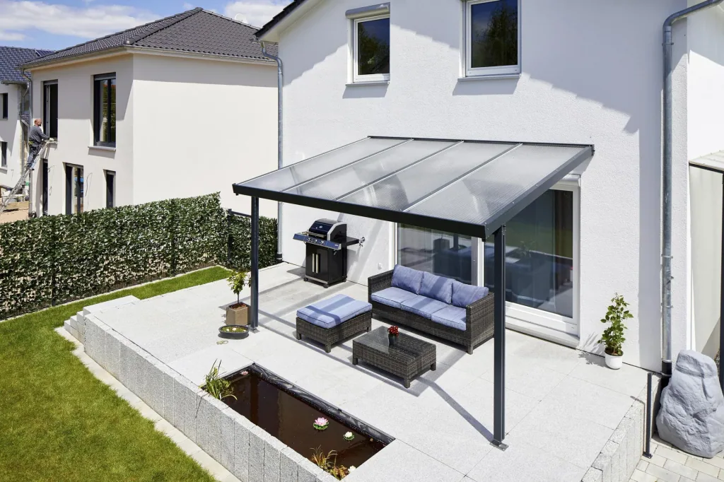 Terrassendach Premium, anthrazit, 4102 x 3060 mm - Polycarbonat Stegplatten 16 mm, klar