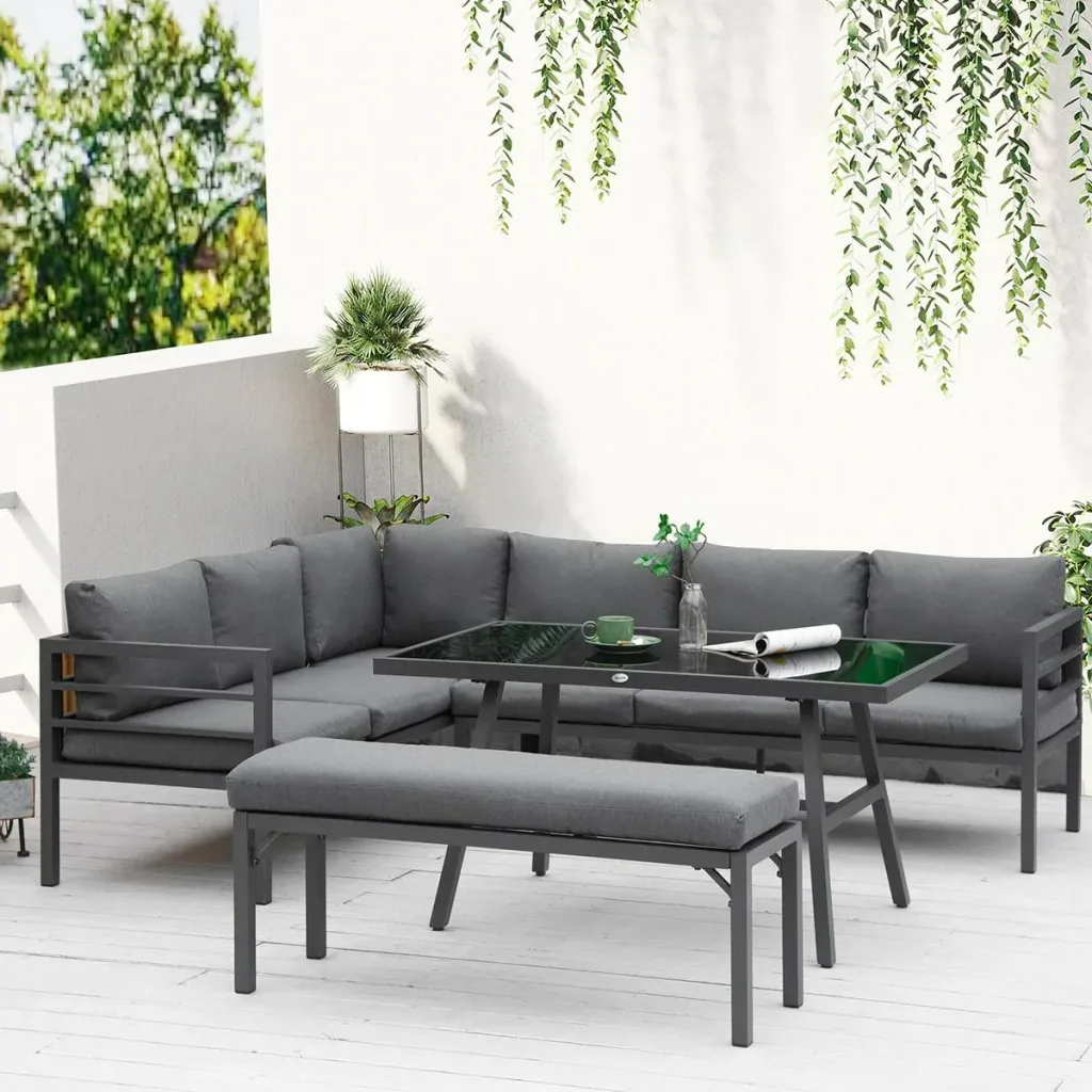 4-tlg. Gartenmöbel-Set mit Beistelltisch L-Form Outdoor Aluminium Grau