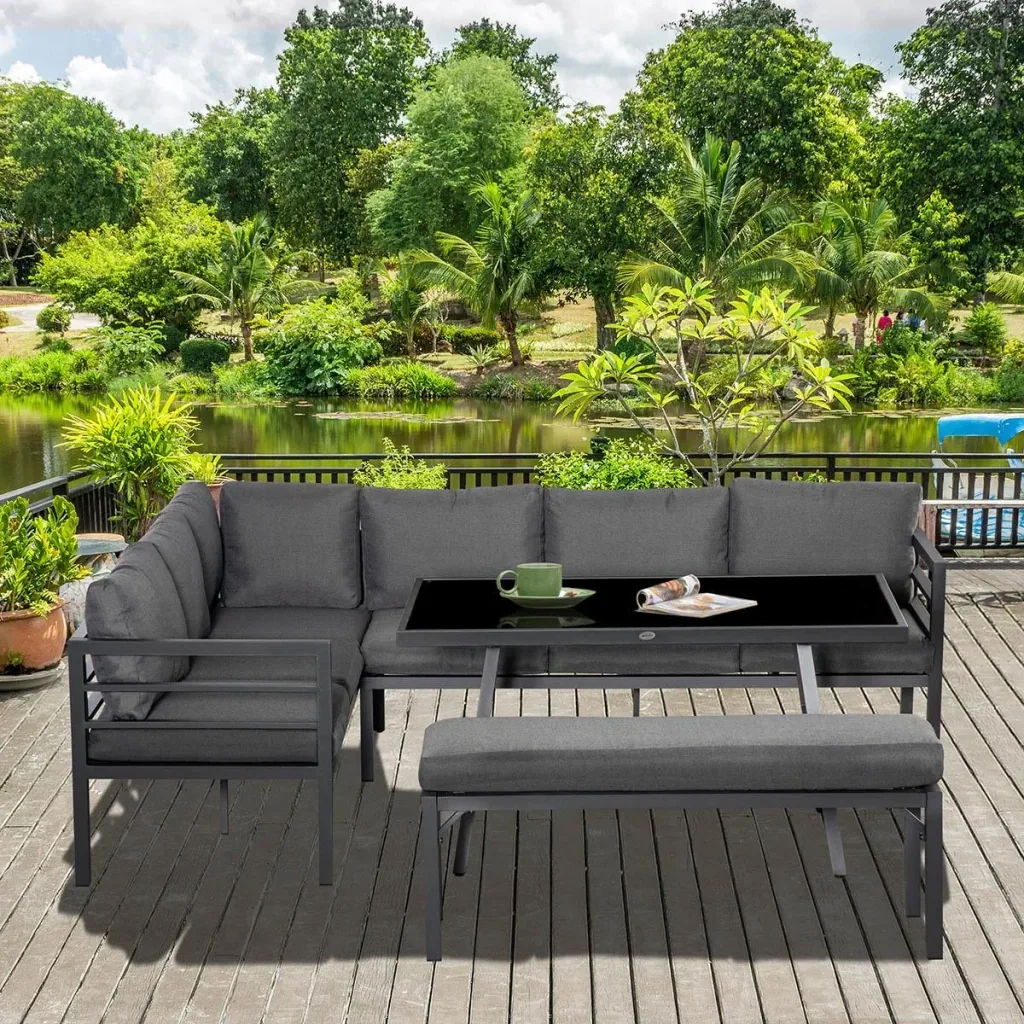 4-tlg. Gartenmöbel-Set mit Beistelltisch L-Form Outdoor Aluminium Grau