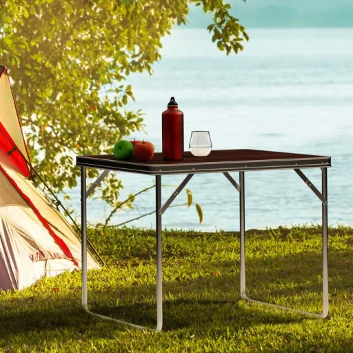 Klappbarer Campingtisch Holzoptik Aluminium 80x60x70cm